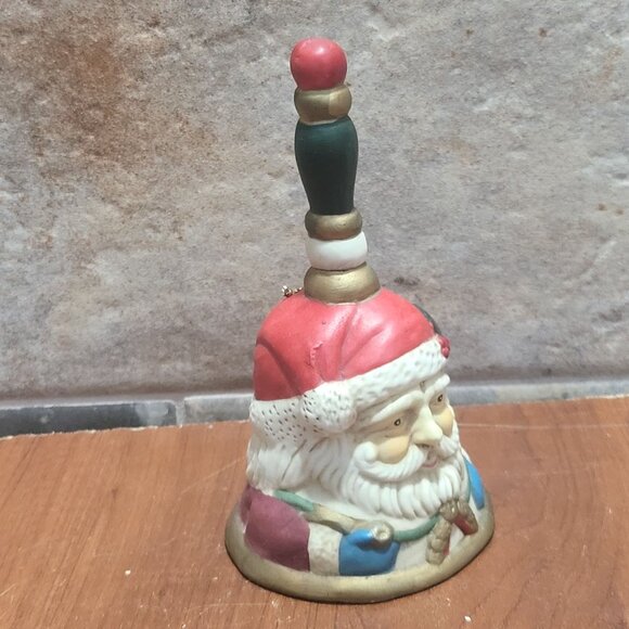 Vintage Santa Claus Handheld Bell Wood Handle Bisque Ceramic Christmas Decor - Picture 8 of 10